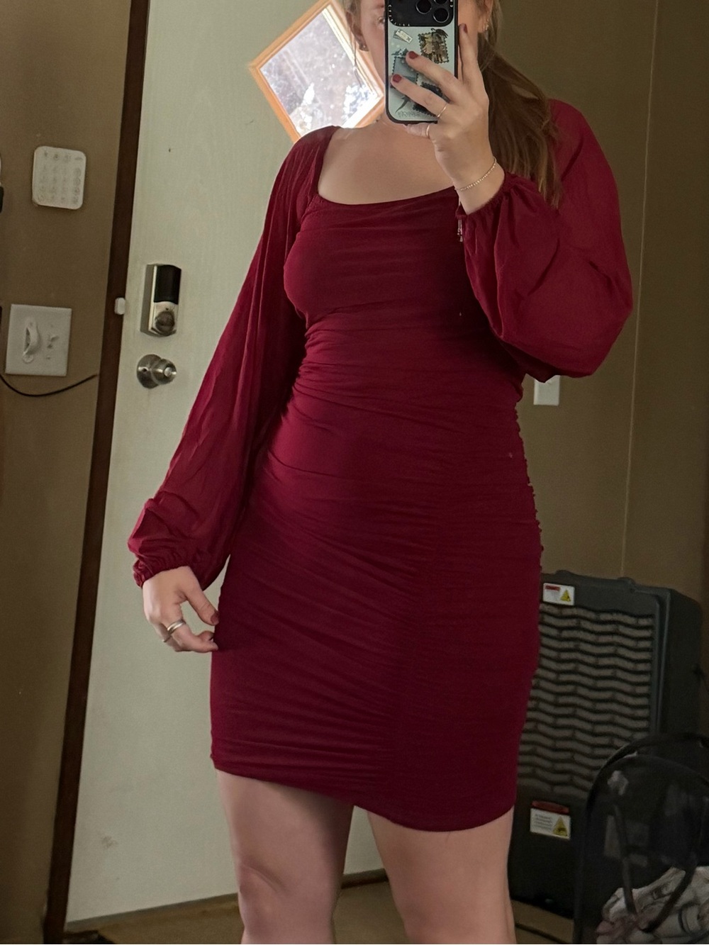 Women’s Ruched Long-Sleeve Mini Dress in Burgundy with Sheer Sleeves - M